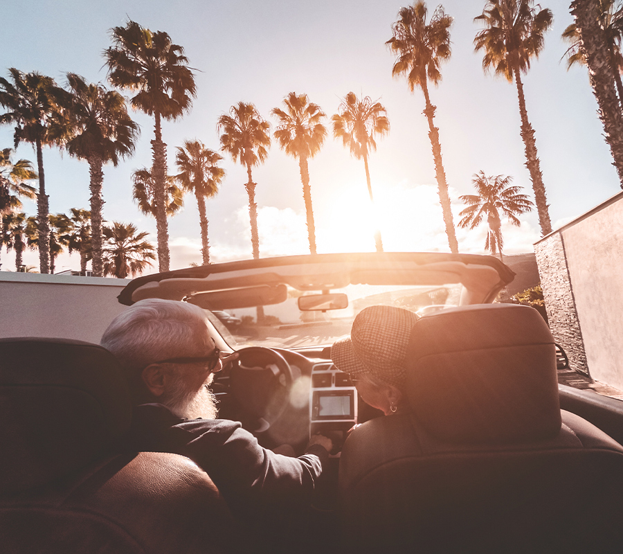 couple driving in car views pal trees successful retirement future martinez georgia